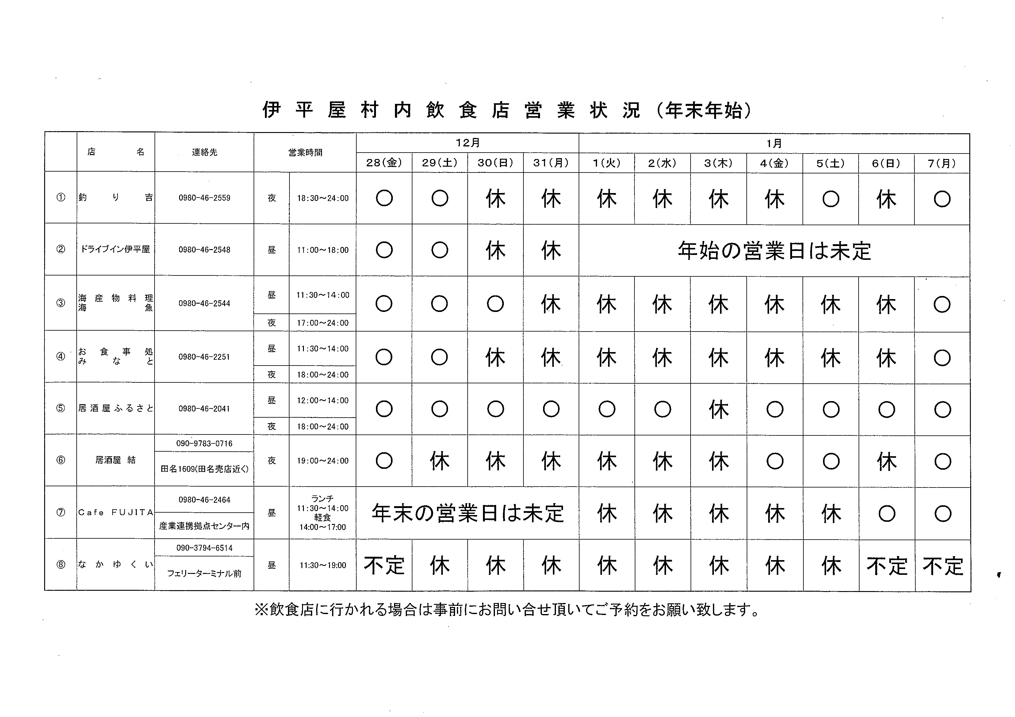 伊平屋年末年始の飲食店情報